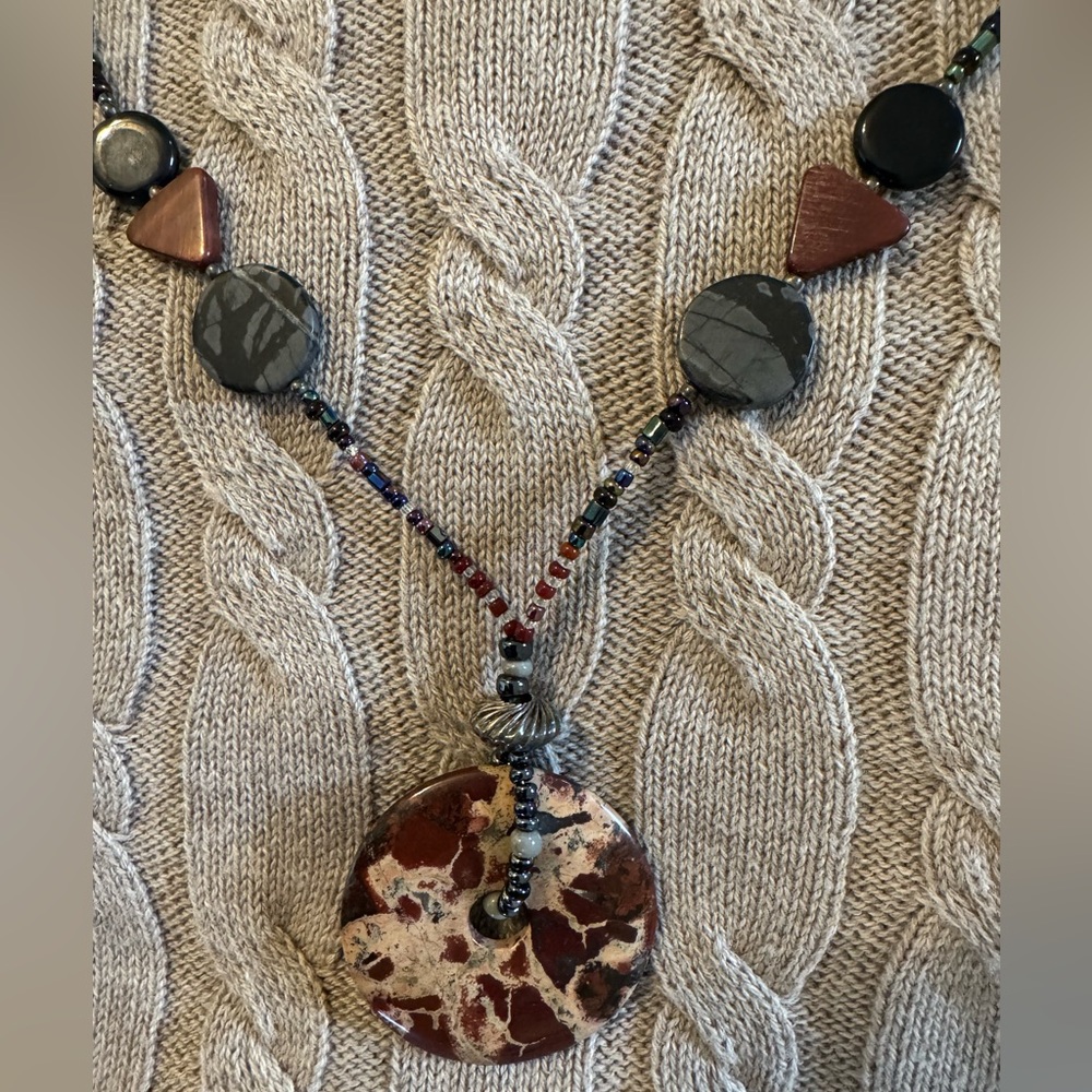 Handcrafted Vintage Beaded Necklace and Earring Set, Natural Stone & Sterling - Picture 2 of 6
